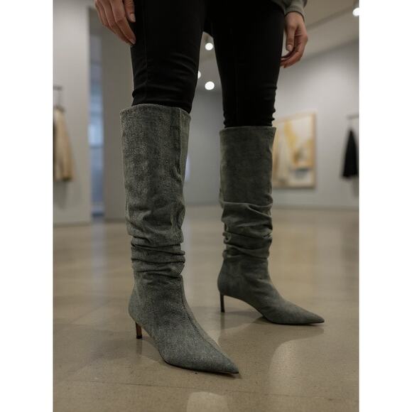 ZARA Slouchy Denim Kitten Heel Boots Size 8.5 – Pointed Toe Mid-Calf Booties - Picture 3 of 10